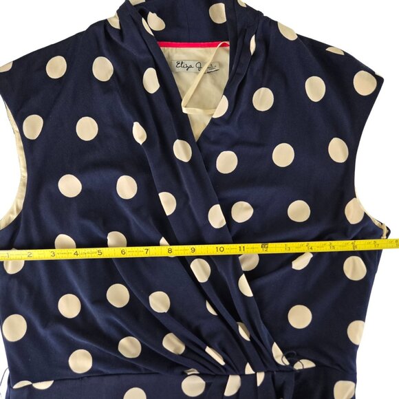 Eliza J Polka Dot Jersey Faux Wrap Dress Size 8 Fully Lined Belt Navy Blue Cream - Picture 10 of 11